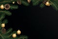 christmas background with fir branches golden balls cones, ai generated