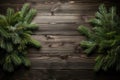 AI generated. Christmas background with fir branches like a border and frame on a dark textured wooden background