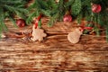 Christmas background. Fir branches, red balls, gingerbread on the old brown boards. Rustic style. Copy space