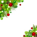 Christmas background with fir branches, red and green balls, cones and stars. Vector illustration.