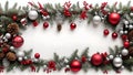 Christmas background with fir branches, red and white baubles, pine cones and holly berries Royalty Free Stock Photo