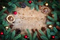 Christmas background. Fir branches Toys Spices arranged in a cir Royalty Free Stock Photo