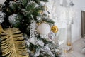 Christmas background. fir tree branch with cones and ornament. Christmas baubles in golden and white colours. Winter Royalty Free Stock Photo