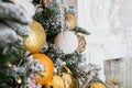 Christmas background. fir tree branch with cones and ornament. Christmas baubles in golden and white colours. Winter Royalty Free Stock Photo