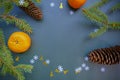 Christmas background with fir tree branches, cones, orange tangerines, white, golden decor on blue background. Top view. Flat lay. Royalty Free Stock Photo