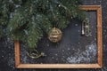 Christmas background with fir tree branches, Christmas decoration Ã¢â¬â stars, balls, trumpets, garland and wooden frame. Top view, Royalty Free Stock Photo