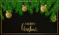 Christmas background with fir tree branches, golden shiny balls and bows. Vector illustration.