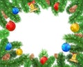 Christmas background with fir tree branches, pine cone, bell, bow and red, blue, yellow balls, confetti. Royalty Free Stock Photo