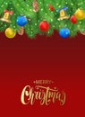 Christmas background with fir tree branches, pine cone, bell, bow and red, blue, yellow balls, confetti Royalty Free Stock Photo
