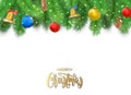 Christmas background with fir tree branches, pine cone, bell, bow and red, blue, yellow balls Royalty Free Stock Photo