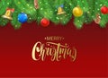 Christmas background with fir tree branches, pine cone, bell, bow and red, blue, yellow balls with decorations. Royalty Free Stock Photo