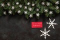 Christmas background with fir tree branches, snow and snowflake