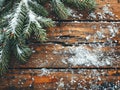 Christmas background with fir tree branches and snowflakes on wooden board Generative AI Royalty Free Stock Photo