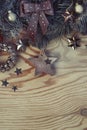 Christmas background with fir tree and decoration on light wooden board vintage image style, portrait Royalty Free Stock Photo