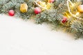 Christmas background with fir tree and decoration on white wooden board Royalty Free Stock Photo