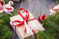 Christmas background with fir tree and decorations and gift boxes on wooden board Royalty Free Stock Photo