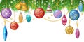 Christmas background with fir twigs, christmas toys and decor