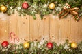 Christmas background with firtree, candies and baubles with snow Royalty Free Stock Photo