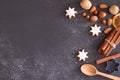 Christmas background with flour, cookies, nuts and spices