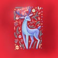 Christmas background with Forest deer animal with a garland on the antlers, green pine twigs, berries, snow. hand drawn