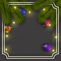 Christmas background. Frame of Christmas tree branches. With a garland of lights and shiny balls. Royalty Free Stock Photo