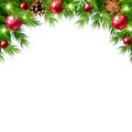 Christmas background frame with fir branches, red balls, pine cones, and Christmas lights. Vector illustration Royalty Free Stock Photo