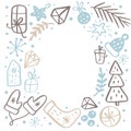 Christmas background frame with xmas gifts, caps, hats and other elements. Vector template for greeting card with place