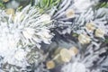 Christmas background. Frosty snow fir tree branches with garland lights or bokeh. Christmas and New Year greeting card. Christmas Royalty Free Stock Photo