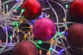 Christmas background, garland lights toys snowflakes snow glare night