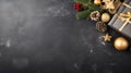 Christmas background with gift box and decorations on blackboard.