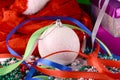 Christmas background with gift box, diamonds, new year balls Royalty Free Stock Photo