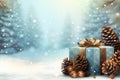 Christmas background with gift box, pine cones and snow. 3d rendering, christmas and new year background - gift boxes and pine Royalty Free Stock Photo