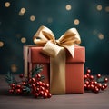 Christmas background with gift box on the table. Gift box decor. AI generated image Royalty Free Stock Photo