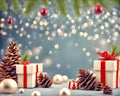 Christmas background with gift boxes with place for text. Gift boxes with pine cones on a blurred background with bokeh and lights Royalty Free Stock Photo