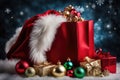 Christmas background with gift boxes, red balls and fir branches on snow, ai generated Royalty Free Stock Photo