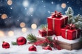 Christmas background with gift boxes, red balls and fir branches on snow, ai generated Royalty Free Stock Photo