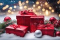 Christmas background with gift boxes, red balls and fir branches on snow, ai generated Royalty Free Stock Photo
