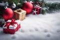 Christmas background with gift boxes, red balls and fir branches on snow, ai generated Royalty Free Stock Photo