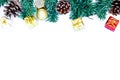 Christmas background with gift and christmas Decoration , christmas tree and pine cones on wooden table. Top view with copy space Royalty Free Stock Photo