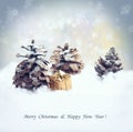 Christmas background with gift, fir tree cone, snowfall. Royalty Free Stock Photo