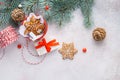 Christmas background with gingerbread cookies and gift box Royalty Free Stock Photo