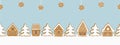 Christmas background. Gingerbread village. Seamless border. Fairytale winter landscape