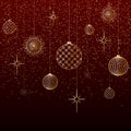 Christmas background Gold balls toys stars snow glitter on a red background A festive background for Christmas and New Year Royalty Free Stock Photo