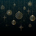 Christmas background Gold balls toys stars snowflakes glitter on a blue background Festive background for Christmas and New Year Royalty Free Stock Photo