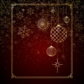 Christmas background Gold balls toys stars snowflakes glitter on a red background A background for Christmas and New Year Royalty Free Stock Photo