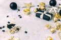 Christmas background with gold decorations with copy space Royalty Free Stock Photo