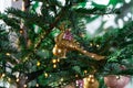 Beautiful decorated Christmas tree. with various hanging Christmas balls on the tree, Christmas background, gold and pink balls