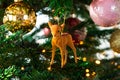 Beautiful decorated Christmas tree. with various hanging Christmas balls on the tree, Christmas background, gold and pink balls