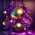 Christmas background with gold and purple balls, flowers and ribbons. AI Generated Royalty Free Stock Photo