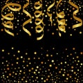 Christmas background with gold streamers and star confetti. Royalty Free Stock Photo